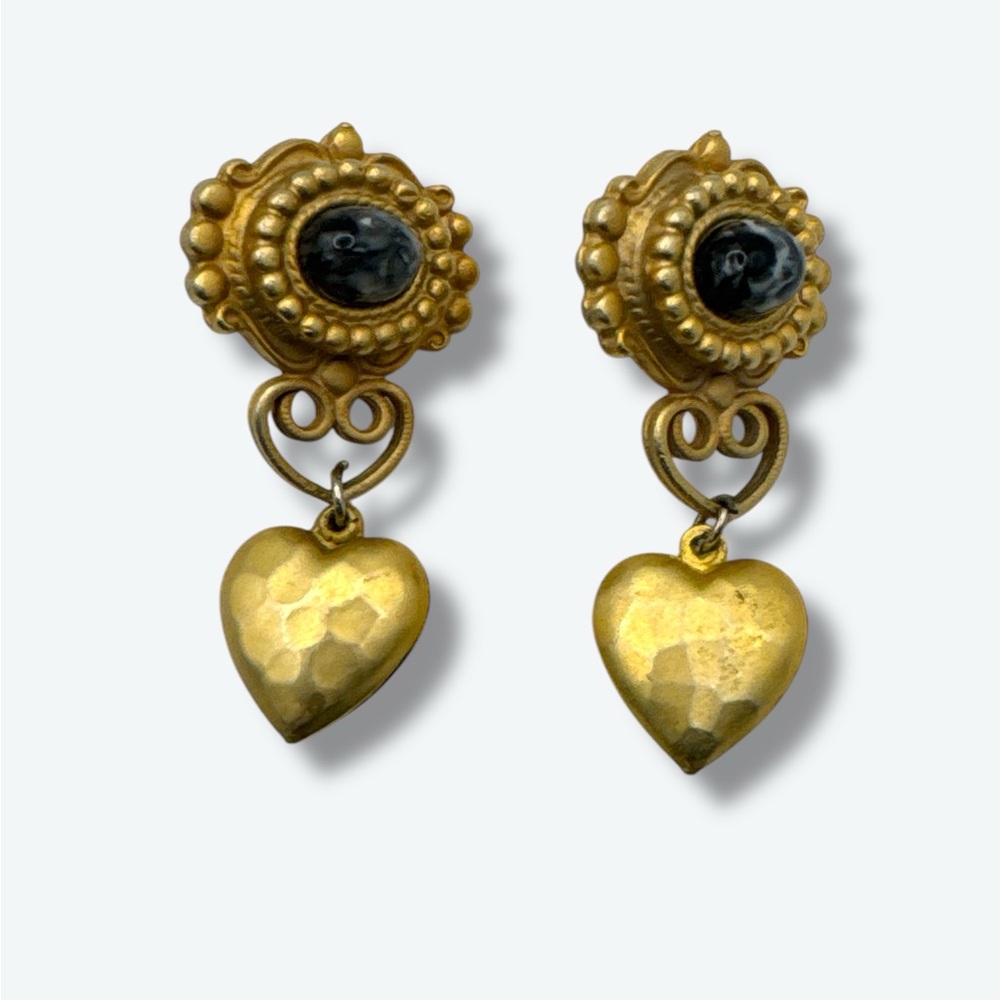 Vintage 1990e Gold Heart Drop Earrings - Picture 1 of 4